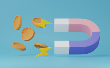 3D render, Magnet attracting gold coins isolaed on blue background. PNG file