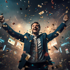 man celebrate his victory and success in business , game , lottery   - obrazy, fototapety, plakaty