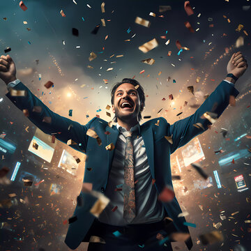 man celebrate his victory and success in business , game , lottery  