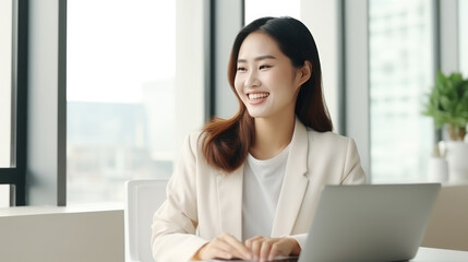 Thai mature group businesswoman using laptop smile talking with friend in the white office - obrazy, fototapety, plakaty