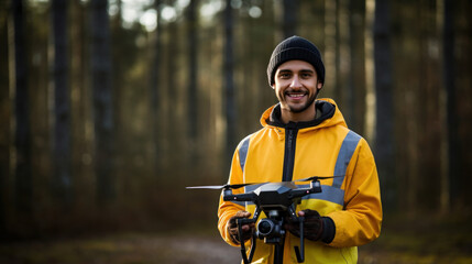 Young drone pilot at working control - obrazy, fototapety, plakaty