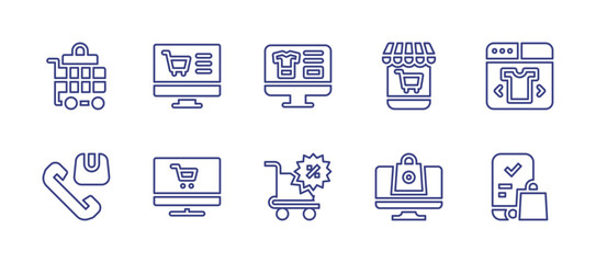 Ecommerce line icon set. Editable stroke. Vector illustration. Containing shopping cart, customer support, online shopping, online store, mobile store, clothes, purchase.
