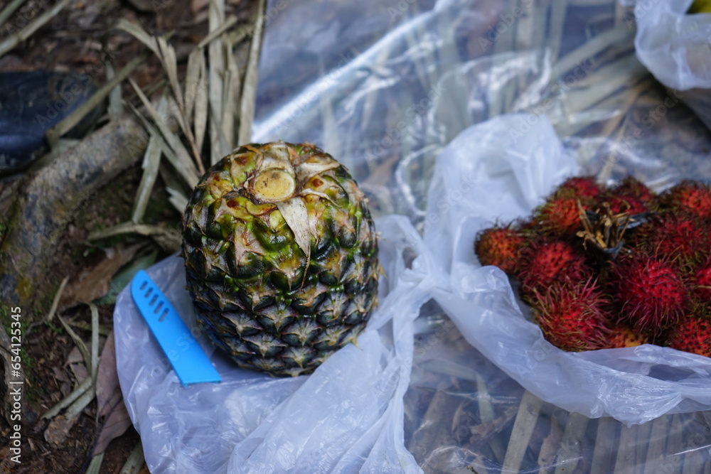 Wall mural fresh fruit on plastic in the middle of the rainforest in sumatra indonesia bukit lawang jungle