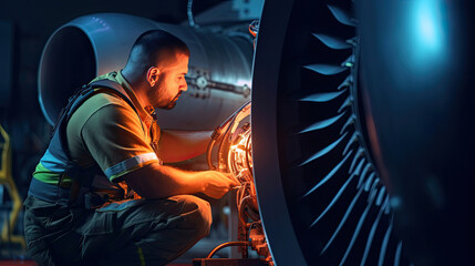 Fototapeta na wymiar Aircraft technician, Engineer is wearing an orange signal vest repairing a turbine. Generative Ai