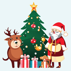 Santa Claus and Reindeer Preparing Gifts for Christmas Festival. Vector