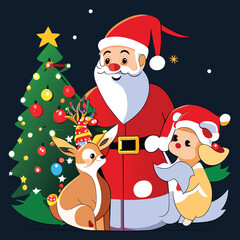 Santa Claus and Reindeer Preparing Gifts for Christmas Festival. Vector