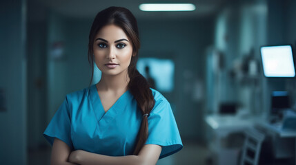Young and confident nurse or doctor standing hospital - obrazy, fototapety, plakaty