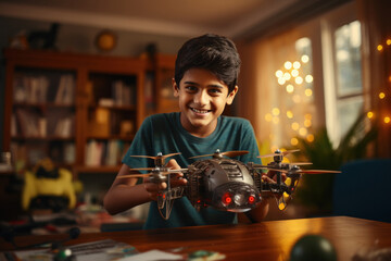 Indian little boy making drone at home. - obrazy, fototapety, plakaty