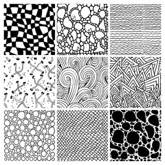 Vector texture by ink pen. Stripes, circles, and lines, tree hatching. Seamless Patterns. Zentangle. Black and white doodle.