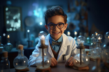 Indian little boy wearing scientist's clothes and smiling. - obrazy, fototapety, plakaty