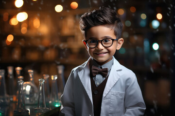 Indian little boy wearing scientist's clothes and smiling.