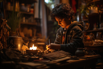 Indian boy doing experiment at home. - obrazy, fototapety, plakaty