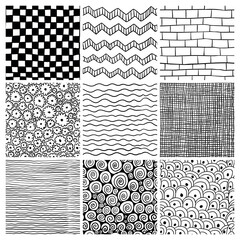 Vector texture by ink pen. Stripes, circles, and lines, tree hatching. Seamless Patterns. Zentangle. Black and white doodle.