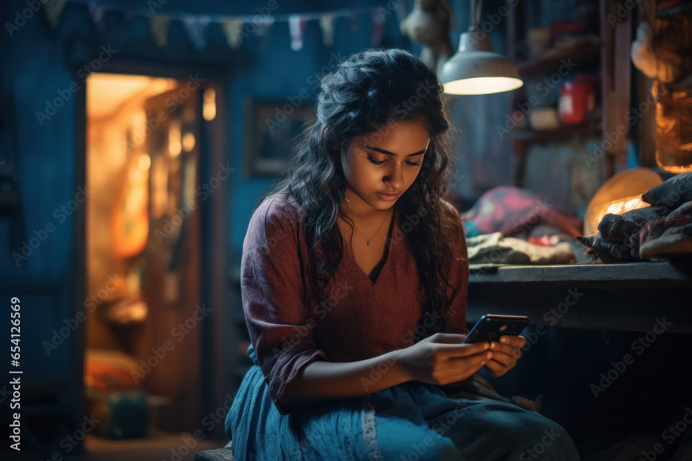 Wall mural indian girl using smartphone at night.