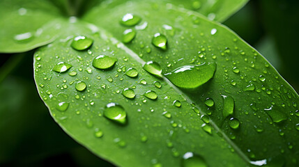 A close up of a green leaf with water droplets