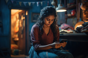 indian girl using smartphone at night. - obrazy, fototapety, plakaty
