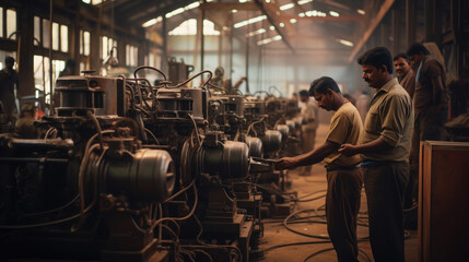 workers inspecting and repairing machinery at factory.