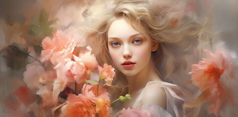 Beautiful woman face with pink flower