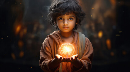 Little boy holding lightning ball and having totally surprised face expression. Magical concept - obrazy, fototapety, plakaty
