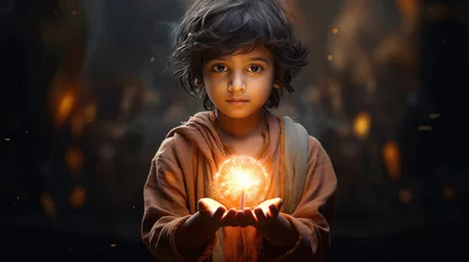 Foto op Canvas Little boy holding lightning ball and having totally surprised face expression. Magical concept © PRASANNAPIX