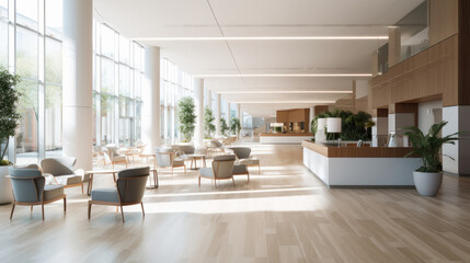 Modern hospital interior. spacious hall with sofa and furniture. - obrazy, fototapety, plakaty