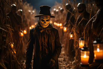 Obraz premium A spooky cornfield maze with menacing scarecrow figures and flickering lanterns, challenging visitors to navigate through the darkness. Generative Ai