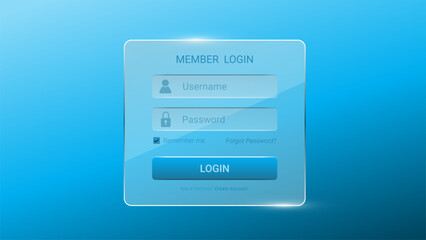 Login form page glossy stylish, website template ,UI element on blue background.