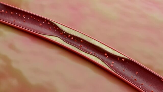Cholesterol block blood cell in artery, Blood clot inside a blood vessel of the heart. Coronary artery disease concept, 3D rendering.