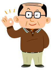 承認の意思を示すメガネをかけて普段着を着た中年男性　全身
