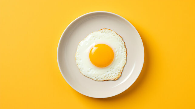 A fried egg on a yellow plate on a yellow background