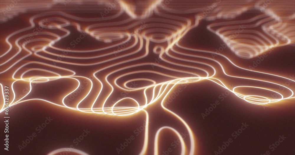 Wall mural abstract orange futuristic hi-tech landscape with mountains and canyons from glowing energy circles 