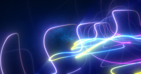 Abstract blue and purple glowing neon energy laser lines flying on a black background