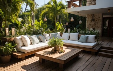 Obraz premium Tropical plants in a modern house outdoor garden lots of light with white chill out area, pergola, swimming pool. Generative AI