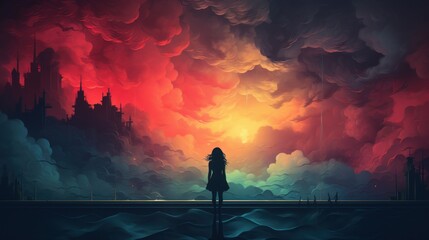 painting of a girl alone with gradient colors blend together background