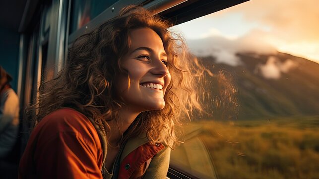 woman smiling happily Stick your head out the train window and admire the train behind the mountains amidst nature.