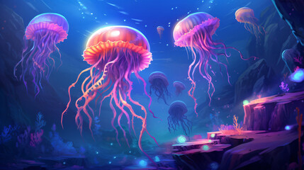  A group of jellyfish swimming in a blue sea