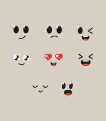 Kawaii, cute faces. Vector illustration of a flat design on a white background