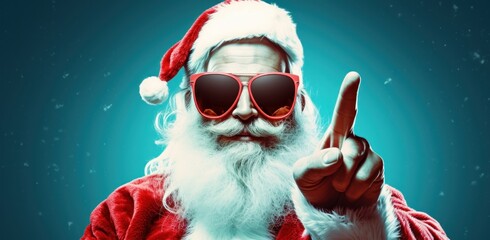 modern Santa Claus wearing sunglasses on dark background - obrazy, fototapety, plakaty
