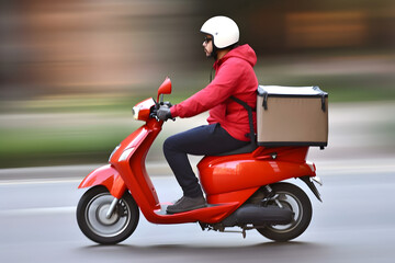 Fototapeta na wymiar Arab delivery man carrying parcel box by motorcycle.