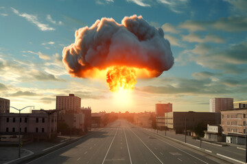 Nuclear bomb explosion over a city during world war. - obrazy, fototapety, plakaty