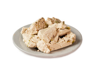 halva halvah middle eastern arab dessert in plate isolated white background. close up halva halvah middle eastern arab dessert in plate isolated. halva halvah middle eastern arab dessert isolated