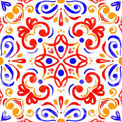 Abstract curl watercolor tile ornament with bright colors - yellow, red, blue. Seamless pattern on a white background. Large format.