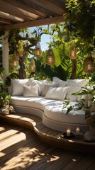 Fototapeta premium Tropical plants in a modern house outdoor garden lots of light with white chill out area, pergola, swimming pool. Generative AI