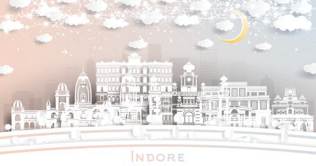 Indore India City Skyline in Paper Cut Style with White Buildings, Moon and Neon Garland. Travel and Tourism Concept. Indore Cityscape with Landmarks.