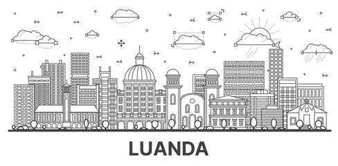 Fototapeta premium Outline Luanda Angola city skyline with modern and historic buildings isolated on white. Luanda cityscape with landmarks.