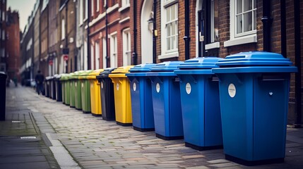 City waste bins lined up on a urban street promoting cleanliness and environmental responsibility. The bins are color coded for different types of waste,encouraging recycling and proper waste disposal