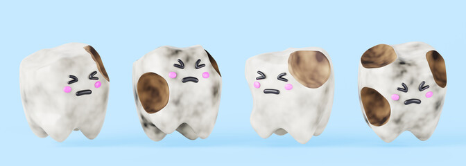 Dirty teeth with dental calculus, plaque or decay 3d render icon set. Sad cartoon kawaii characters with tooth ache and enamel caries on blue background. Dental treatment and cleaning. 3D illustration