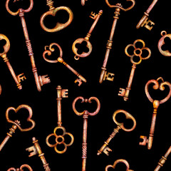 Watercolor seamless pattern with retro vintage keys. Hand painted illustration isolated on black background.