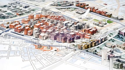 Fototapeta premium A detailed, technical blueprint showcasing urban planning and city zoning. A layout of a city, including residential, commercial, industrial zones and transportation routes and green spaces.