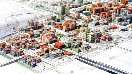 A detailed, technical blueprint showcasing urban planning and city zoning. A layout of a city, including residential, commercial, industrial zones and transportation routes and green spaces. - obrazy, fototapety, plakaty